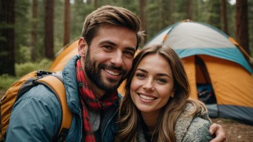 Adventure camping with gear and outdoor equipment in a forest setting, highlighting outdoor gear tracking and management.